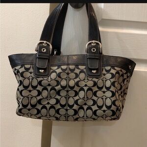 Coach Black and Khaki Signature Jacquard Tote with Leather Trim